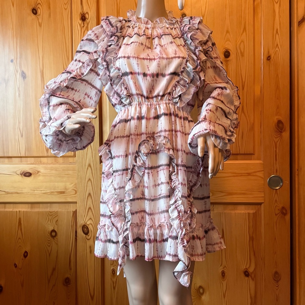 Beulah Style Chiffon Ruffled Tiered Mini Dress Size M Purple White Coquette